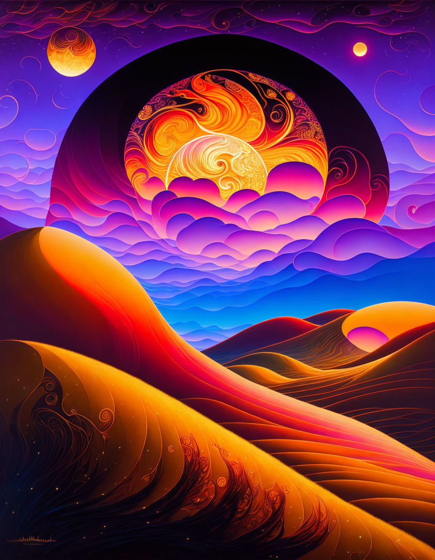 Colorful digital artwork: Stylized landscape under cosmic sky