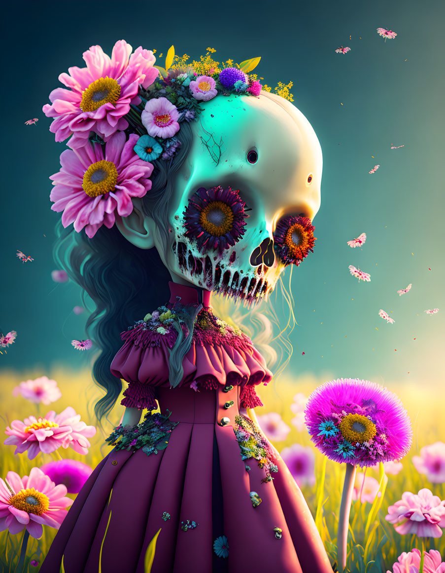 Colorful skeletal figure with floral headpiece and vibrant flowers against whimsical backdrop