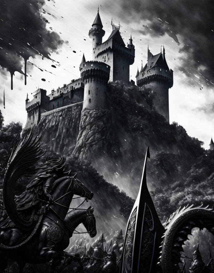 Monochrome fantasy scene: knight on horseback, castle on cliff