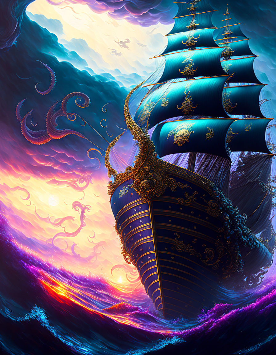 Fantastical ship with elaborate sails above vibrant clouds.