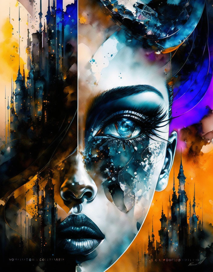 Abstract cityscape elements blend with a woman's face in vibrant colors