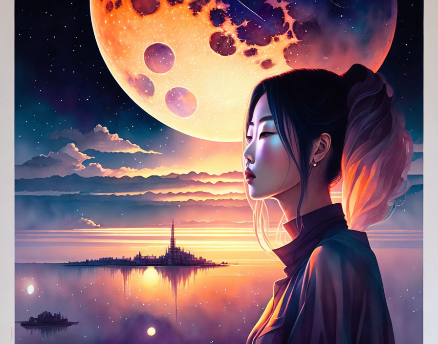 Surreal digital artwork of woman gazing at oversized moons reflecting on water