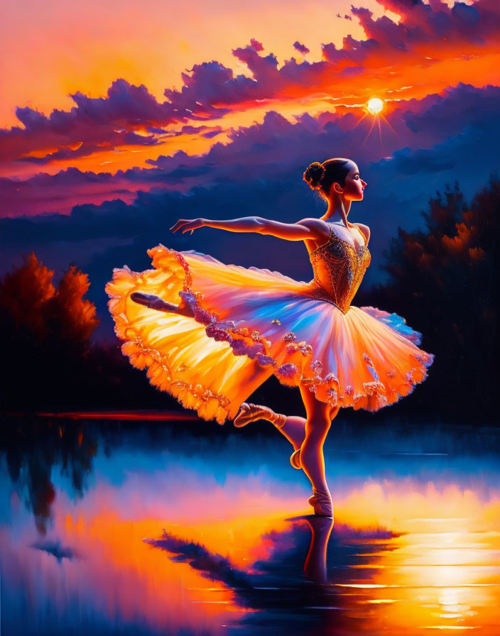 Ballerina dancing en pointe at sunset by water with glowing orange tutu