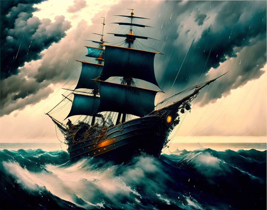 Majestic sailing ship with black sails in stormy seas