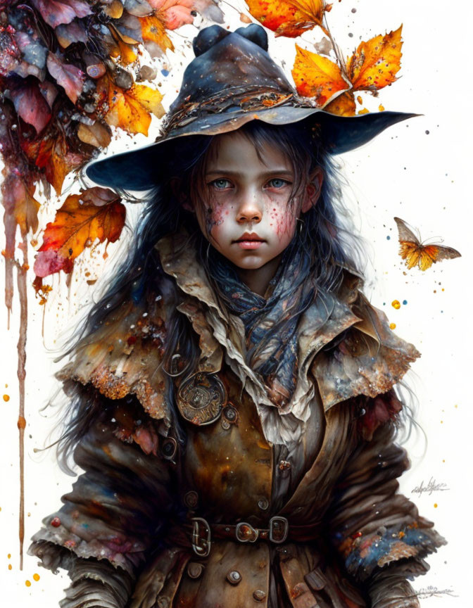 Fantasy painting: Child with wizard hat, autumn leaves, butterfly - intricate details, mystical ambiance