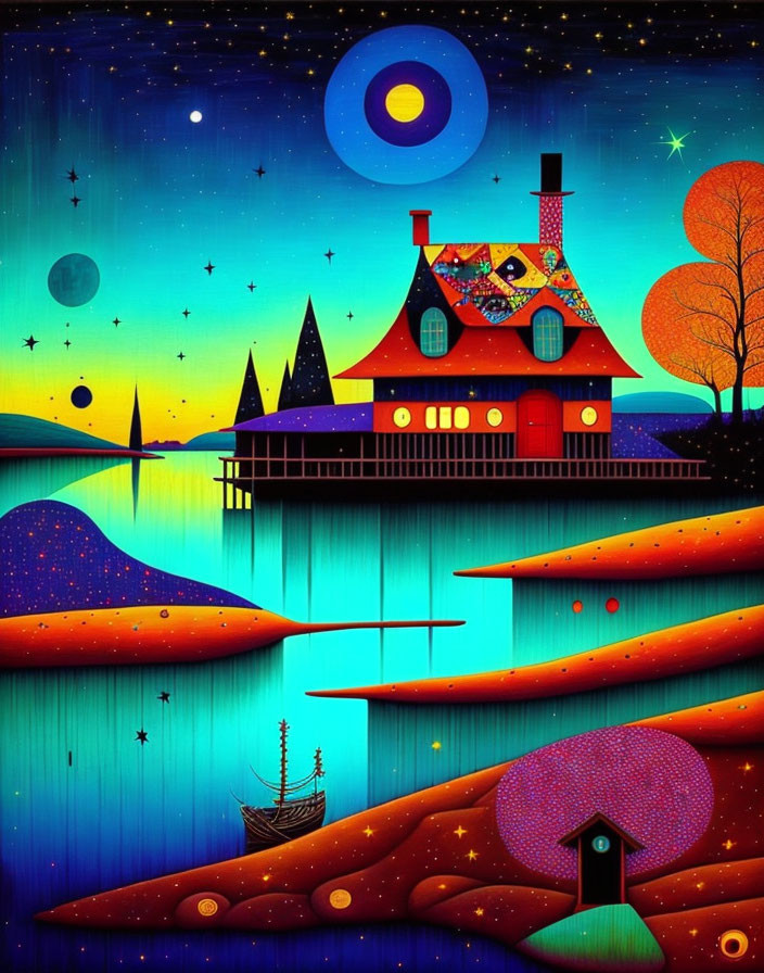 Colorful House by Lake: Whimsical Painting with Boat and Stars