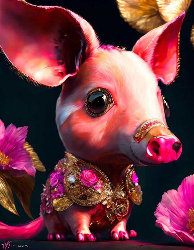 Whimsical pink piglet with gold jewelry in vibrant floral setting