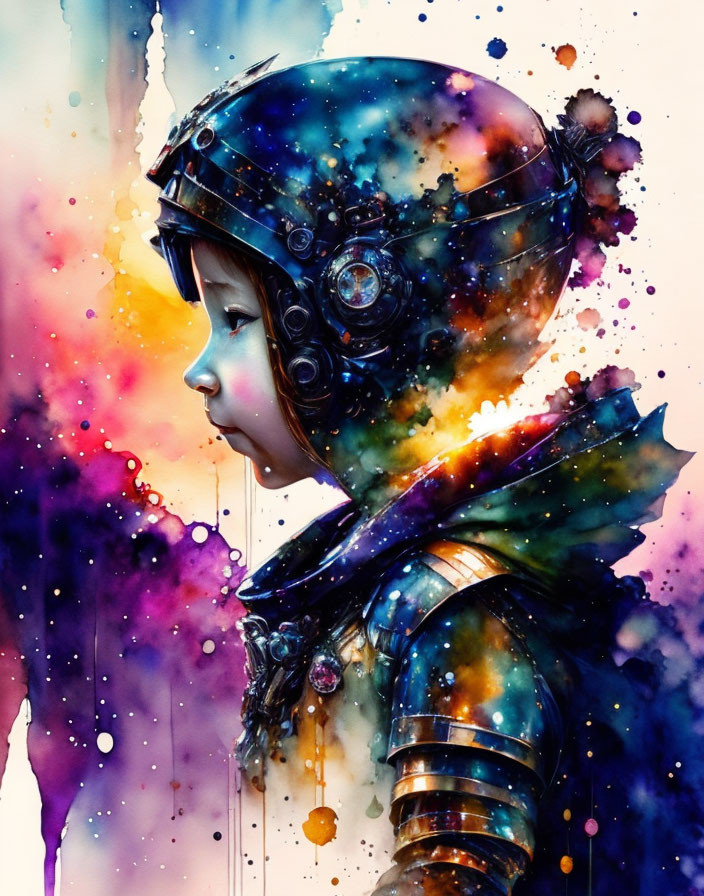 Vibrant cosmic watercolor child in space helmet.