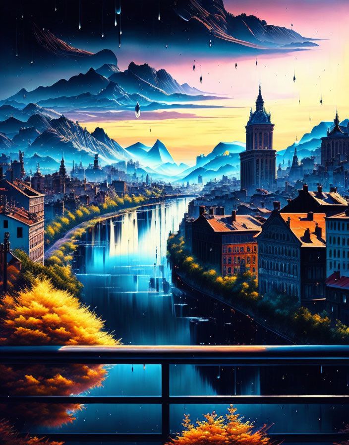 Colorful futuristic cityscape at dusk with river, floating elements, and mountains