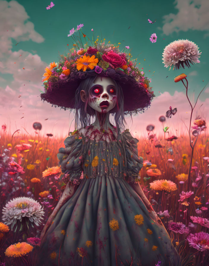 Surreal illustration of girl with skull face in floral hat in pink flower field