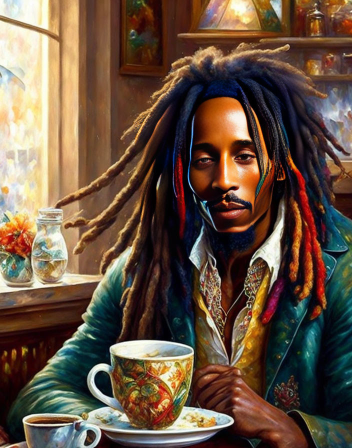 Man with Dreadlocks and Headset in Vintage Interior with Teacup