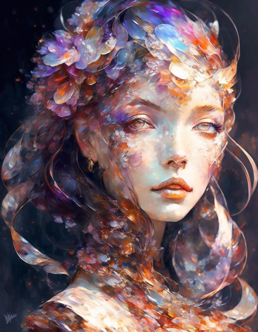 Portrait of dreamy woman with vibrant floral headdress and ethereal appearance.