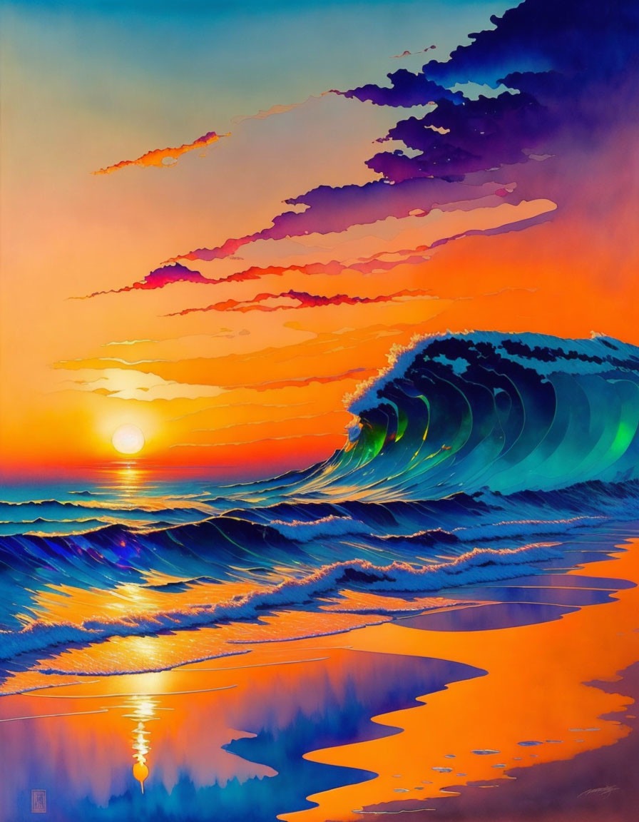 Colorful sunset painting with large wave and water reflections