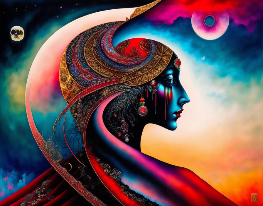 Woman with decorative headwear in cosmic portrait
