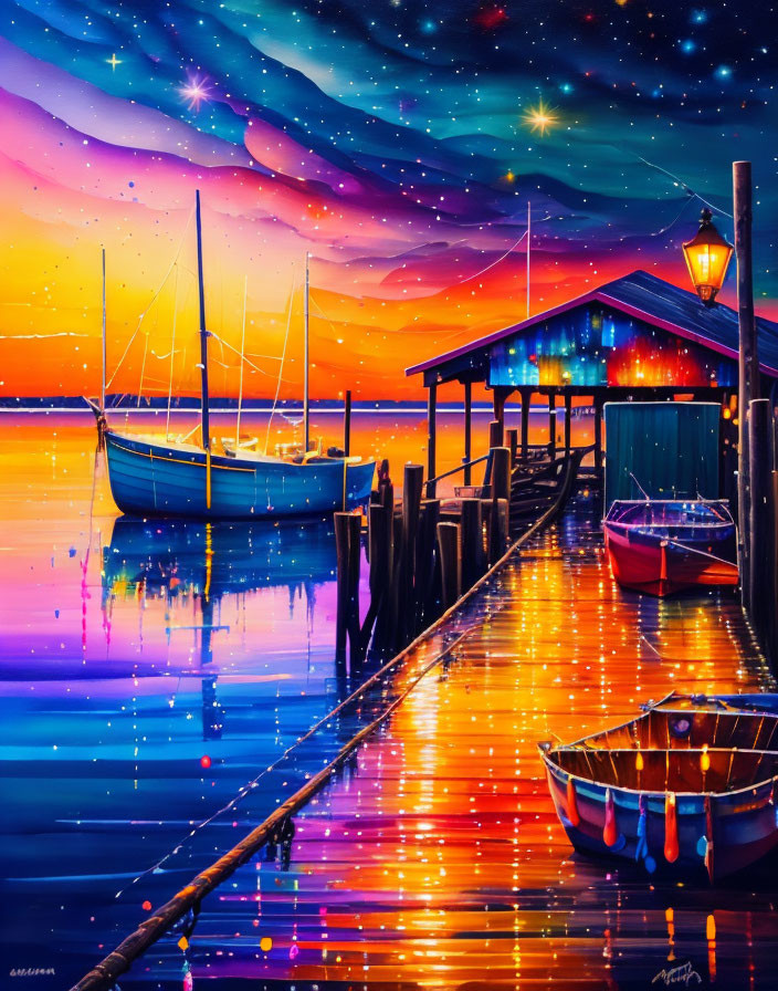 Tranquil harbor at dusk with starlit sky and colorful reflections.