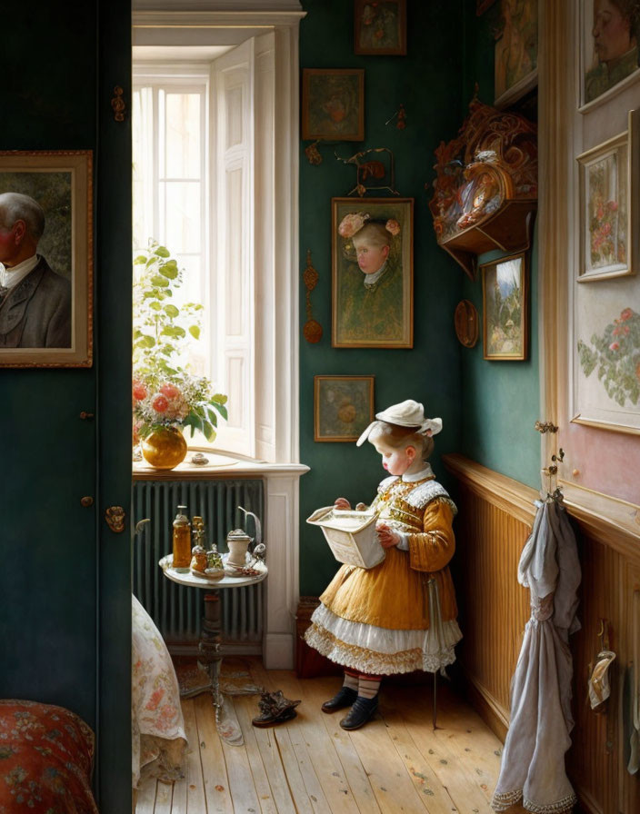 Child reading in vintage-style room with antique furniture and richly colored walls