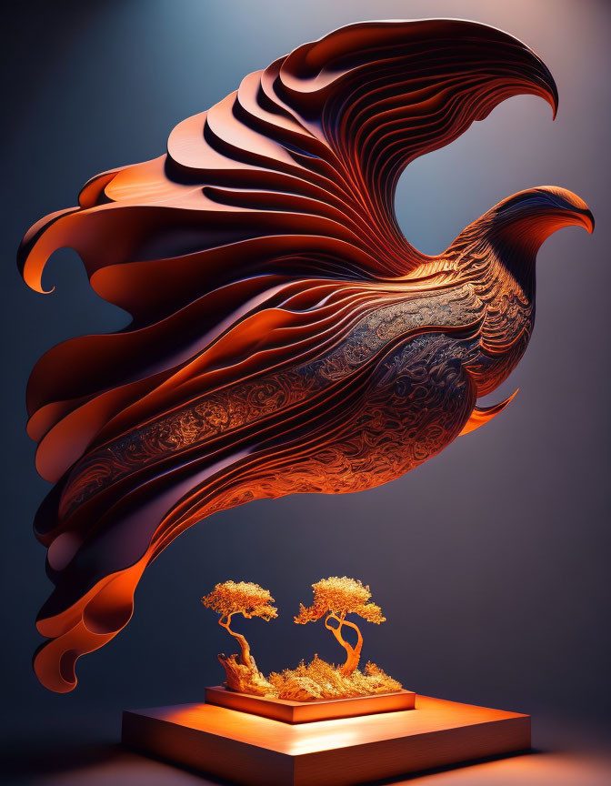 Stylized 3D Phoenix Illustration with Bonsai Trees