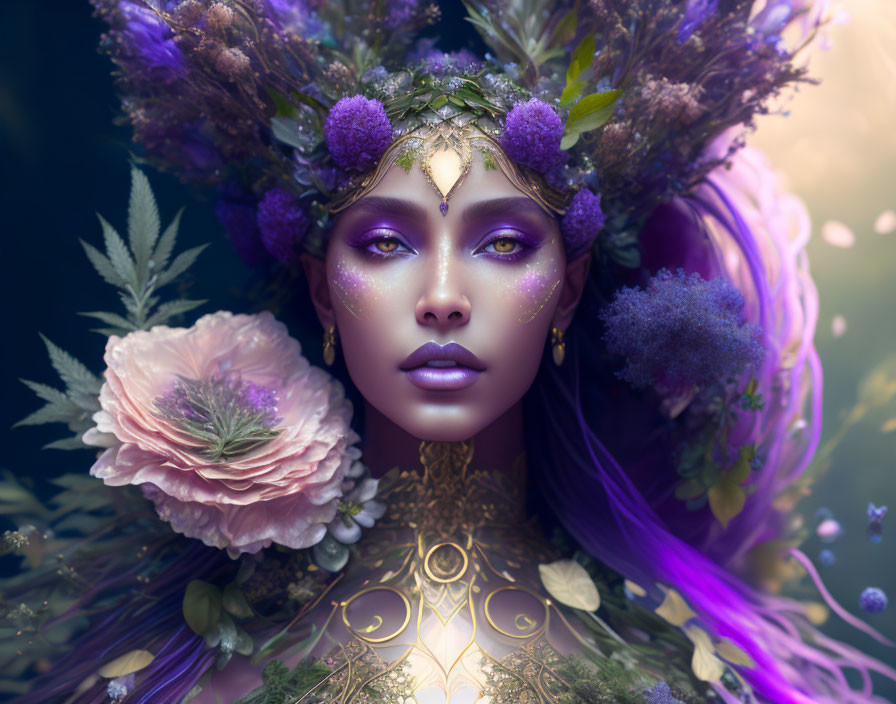 Mystical female figure with purple and gold floral headpiece and vibrant purple hair in digital art