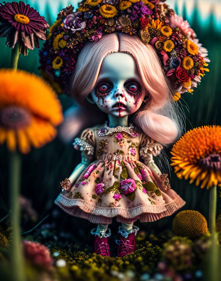 Skull-like face doll with floral headpiece in vintage dress among vibrant flowers