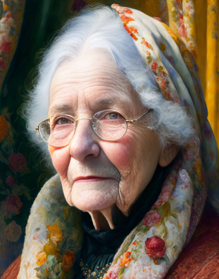 Elderly woman in floral scarf with white hair and spectacles gazes forward