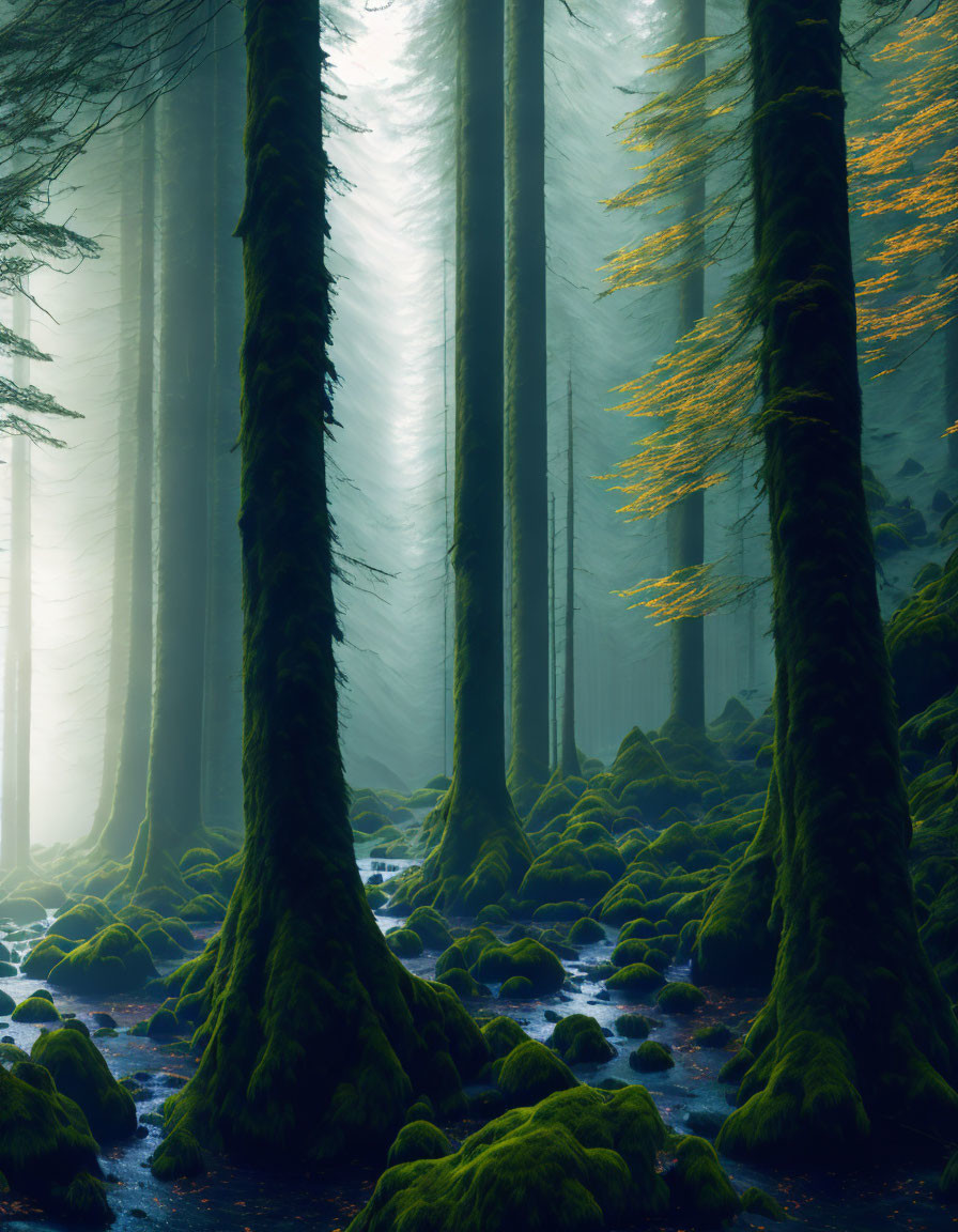 Sunlit forest with moss-covered rocks and tall trees