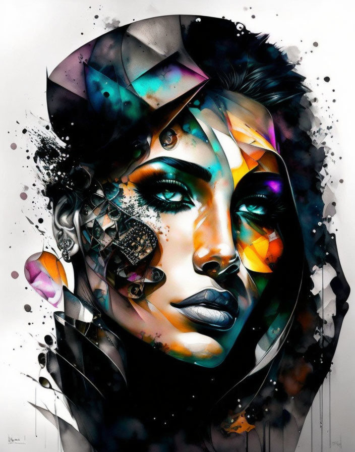 Colorful Stylized Portrait of Woman with Realistic and Abstract Elements