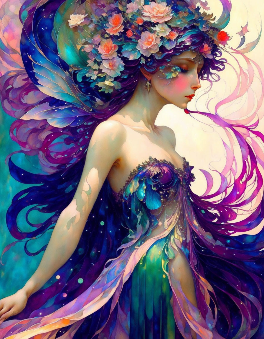 Colorful mystical female figure with floral headpiece and peacock feather dress