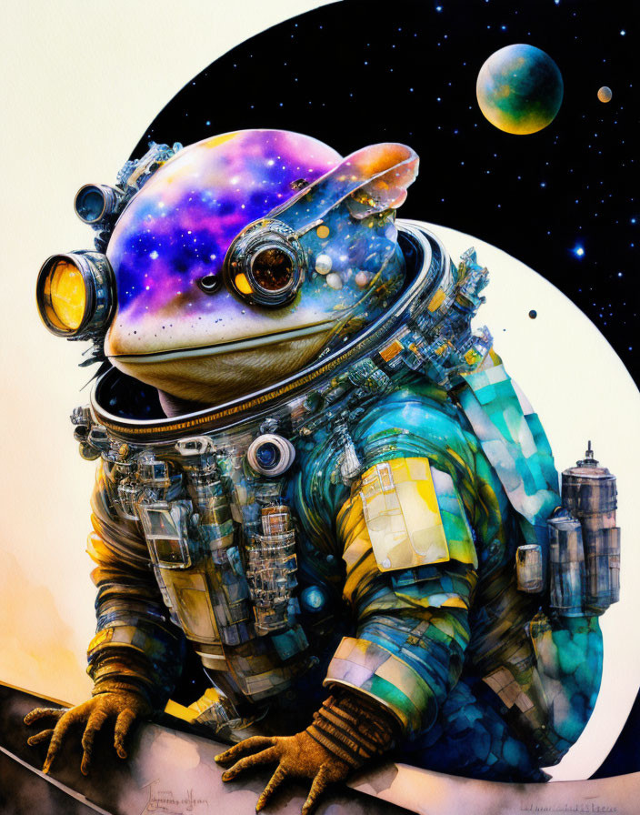 Colorful anthropomorphic frog in astronaut suit against cosmic backdrop