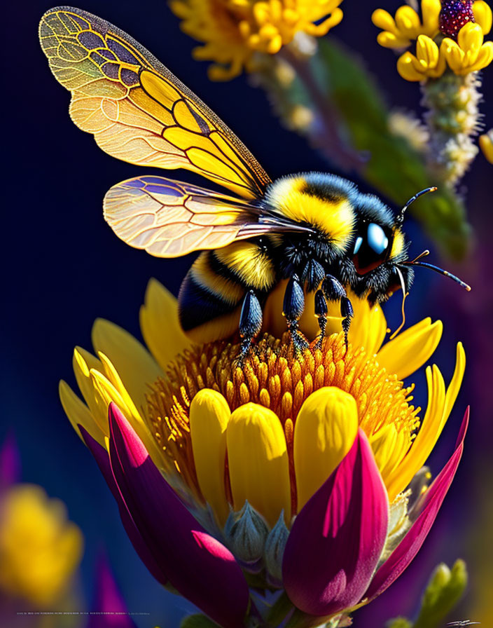 Colorful bumblebee on yellow flower with purple petals in vibrant nature scene