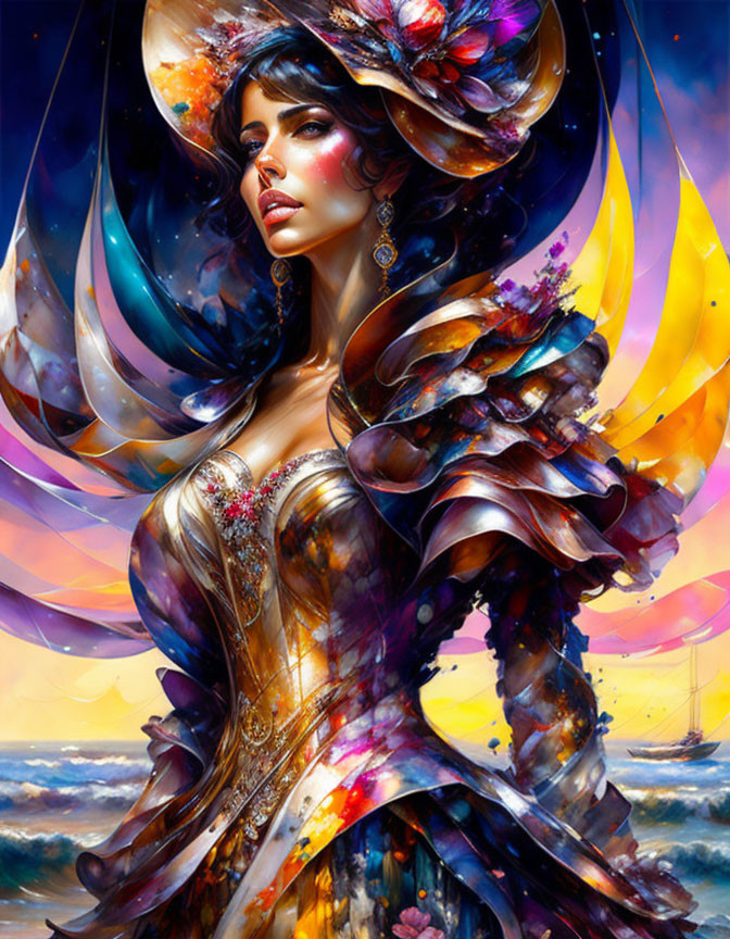 Digital Artwork: Woman in Elaborate Hat and Dress with Nautical Sunset