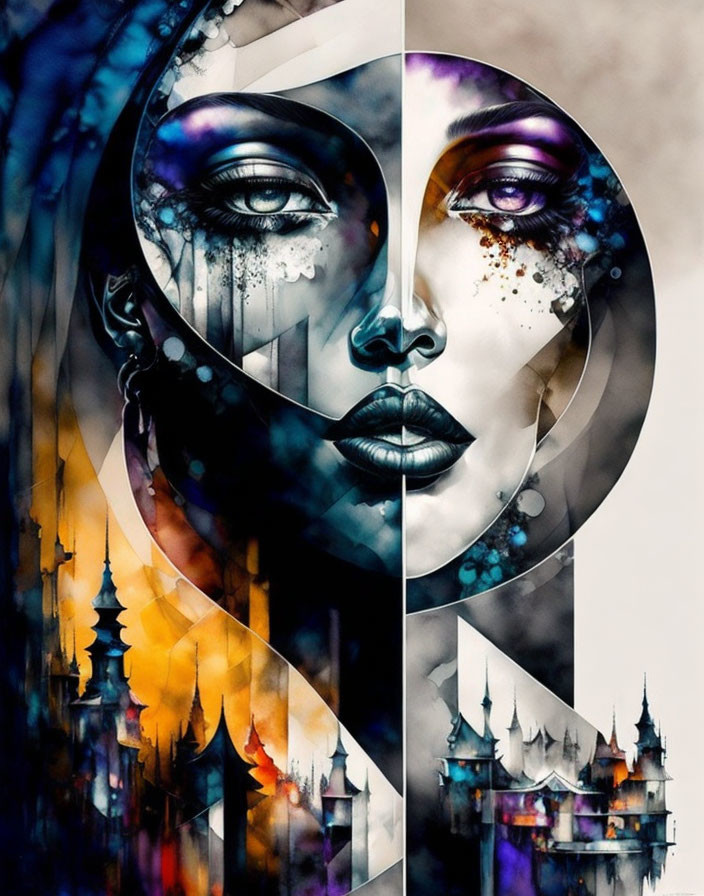 Split face with vibrant watercolor cityscape and contemplative woman.