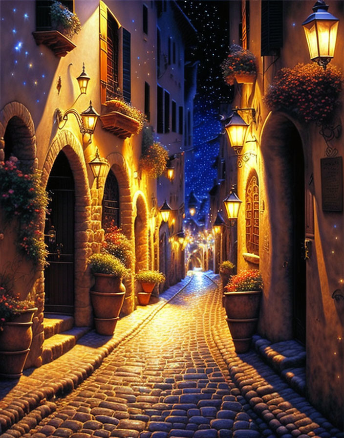 Old Town Night Scene: Cobblestone Street, Warm Lights, Starry Sky