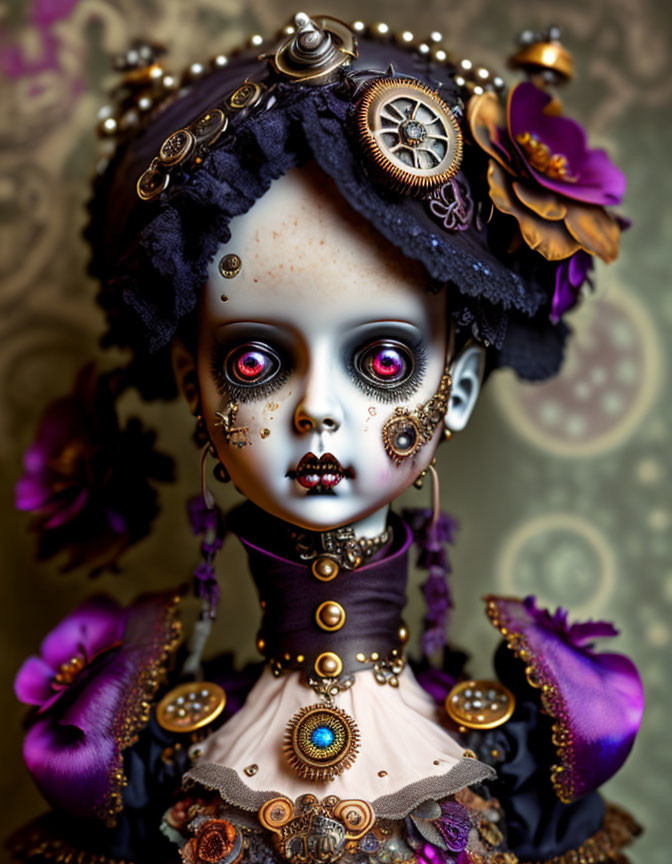 Gothic steampunk doll with large eyes, gears, Victorian attire, purple flowers