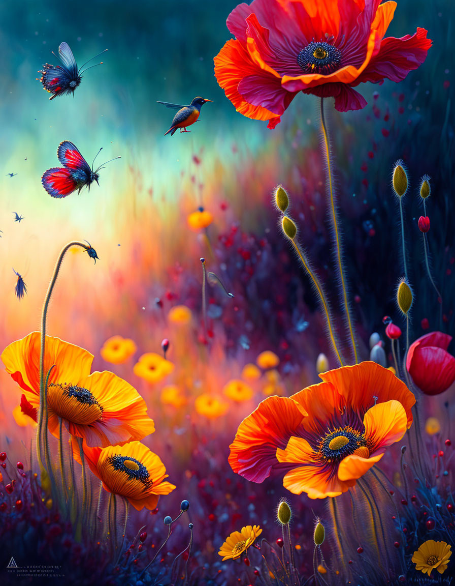 Colorful digital artwork: Red poppies and insects in dreamy meadow