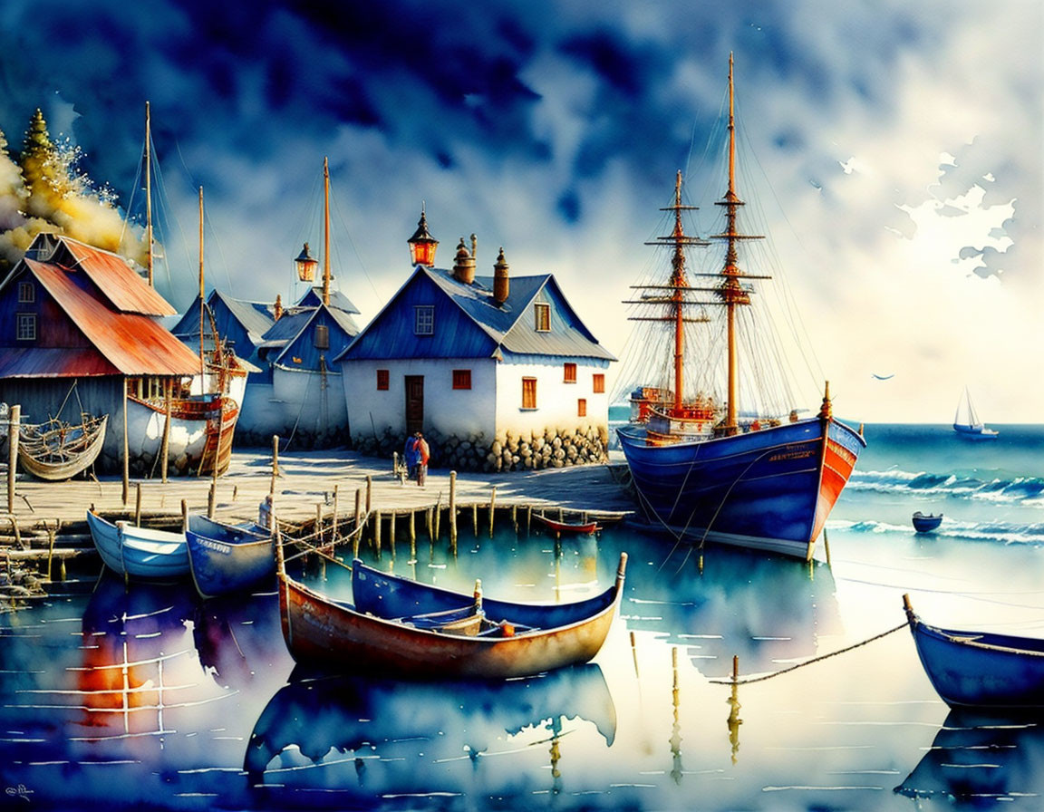 Maritime painting with boats, tall ship, coastal houses, calm sea, dramatic sky