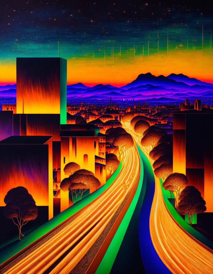 Colorful cityscape digital artwork with twilight sky, flowing traffic, tree shapes, mountains, and star