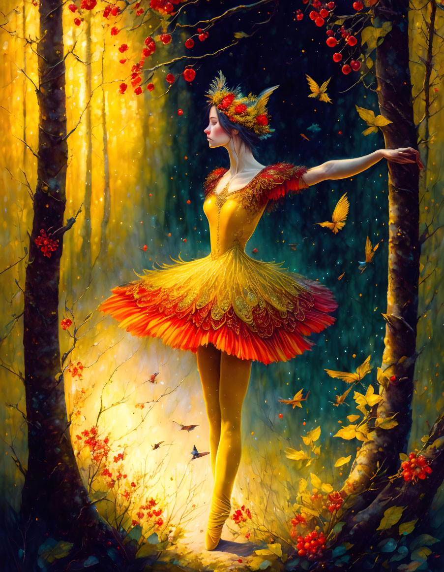 Woman dancing in vibrant autumn-themed attire in enchanted forest with butterflies.