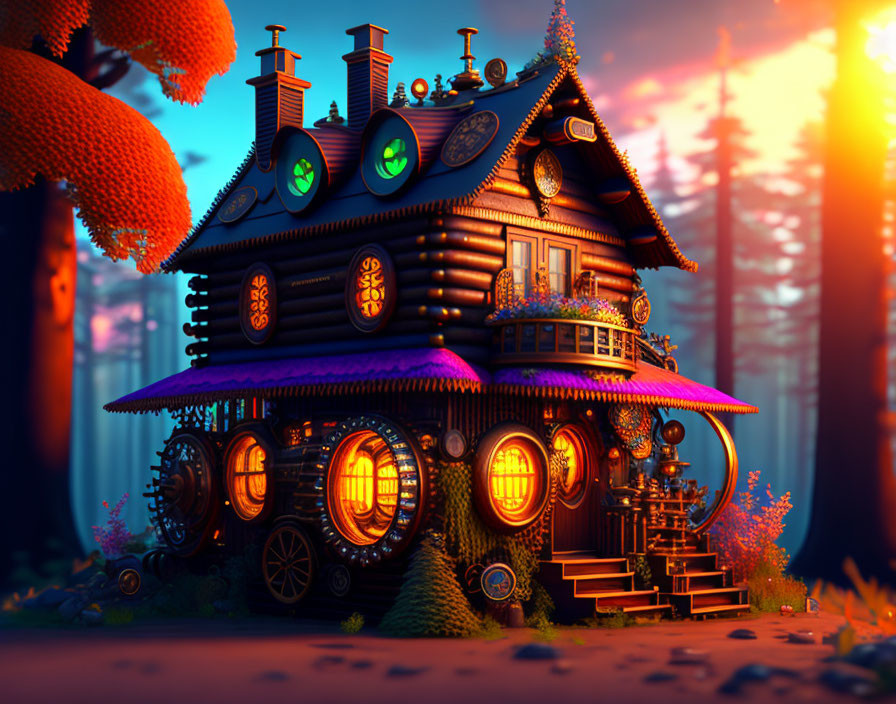 Enchanting animated house in magical forest at sunset