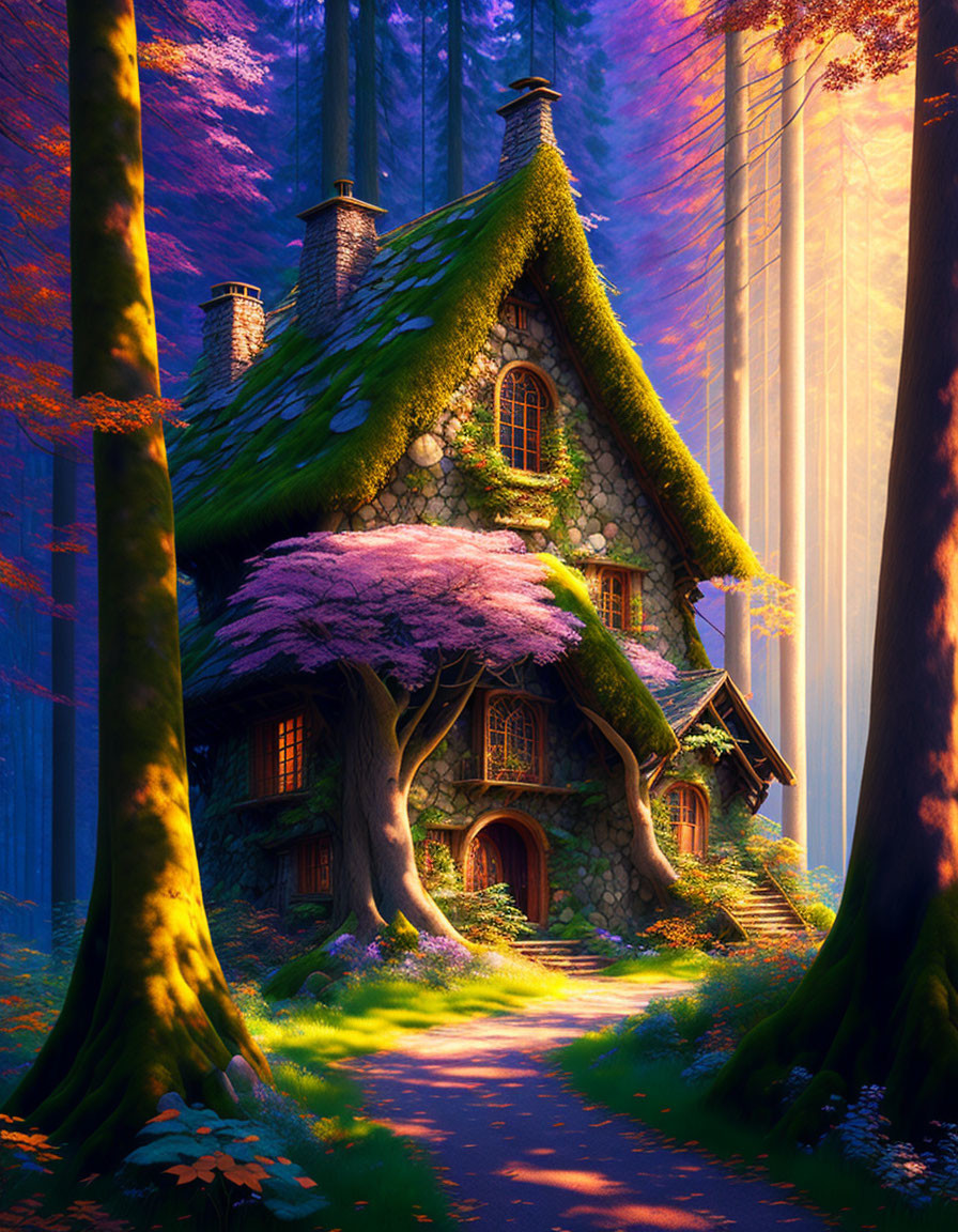 Enchanting forest scene with tall trees, stone cottage, and blooming purple tree