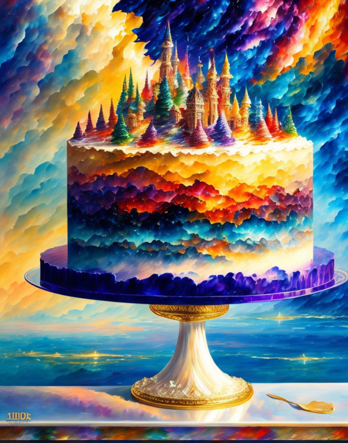 Colorful painting of multi-layered cake with castle on top in vibrant setting