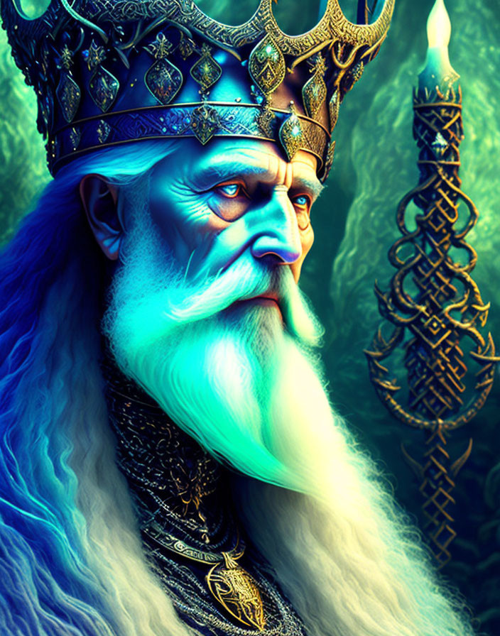 Regal figure with long white beard and crown in ornate robes on green backdrop