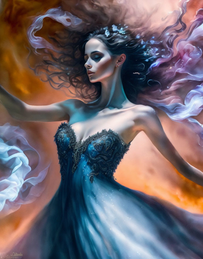 Ethereal woman in flowing blue dress with swirling pastel hues