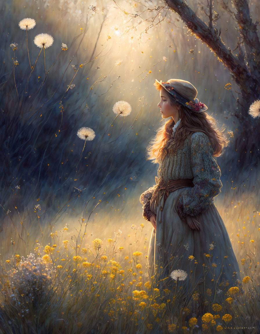 Vintage-clad woman in wildflower field at sunset