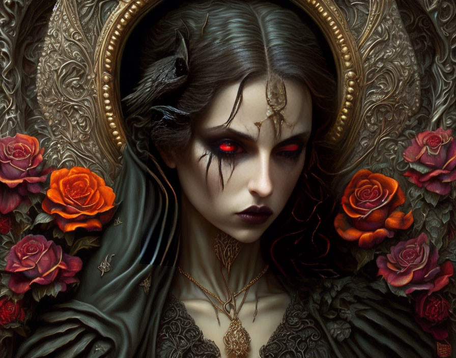 Gothic-themed artwork featuring female figure, red eyes, roses, crow, ornate details.