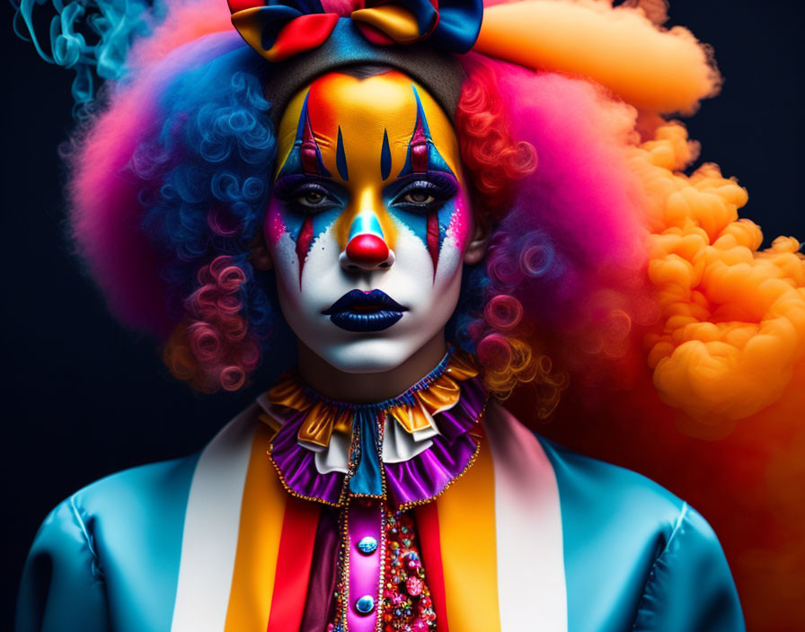 Colorful clown makeup with ruffled collar and curly hair on dark background