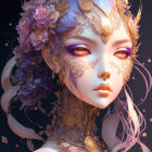 Portrait of dreamy woman with vibrant floral headdress and ethereal appearance.