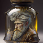 Surreal digital painting of pensive man in glass jar