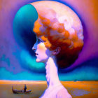 Vibrant digital art: Woman in profile with abstract hat, boats on serene water