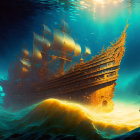 Colorful digital painting: ship with golden sails in surreal sea