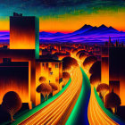 Colorful cityscape digital artwork with twilight sky, flowing traffic, tree shapes, mountains, and star